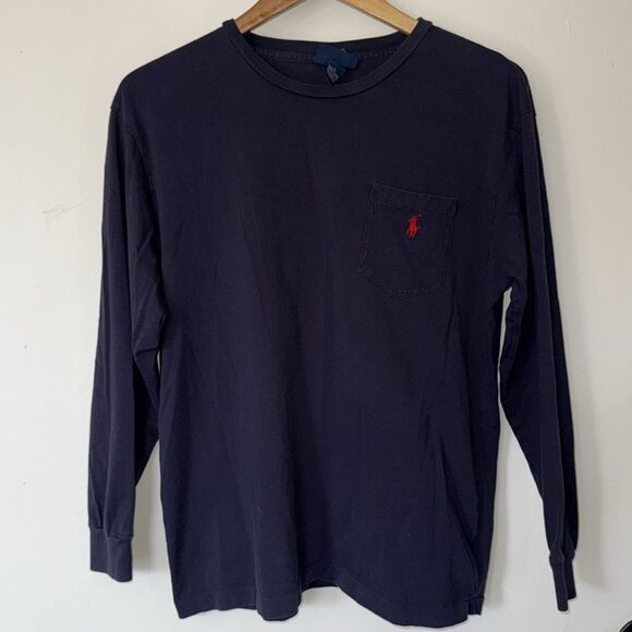 Polo Ralph Lauren Blue Long Sleeve Logo Pocket Cotton‎ Tee Shirt Men's Medium - Picture 1 of 8
